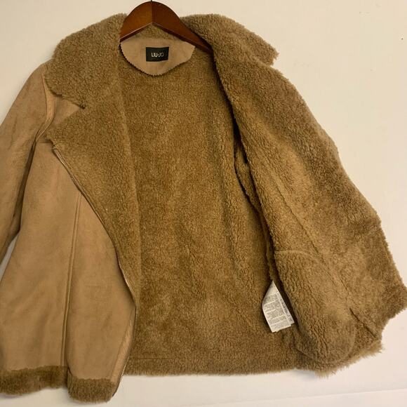 Liu Jo Coat Jacket Faux Suede Shearling Sherpa Penny Lane Moto Lined Tan - Picture 2 of 10